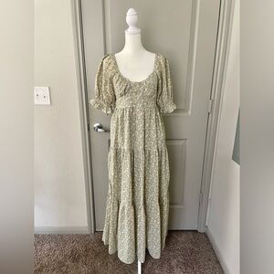 Sage Floral Tiered Maxi Dress with Puff Sleeves